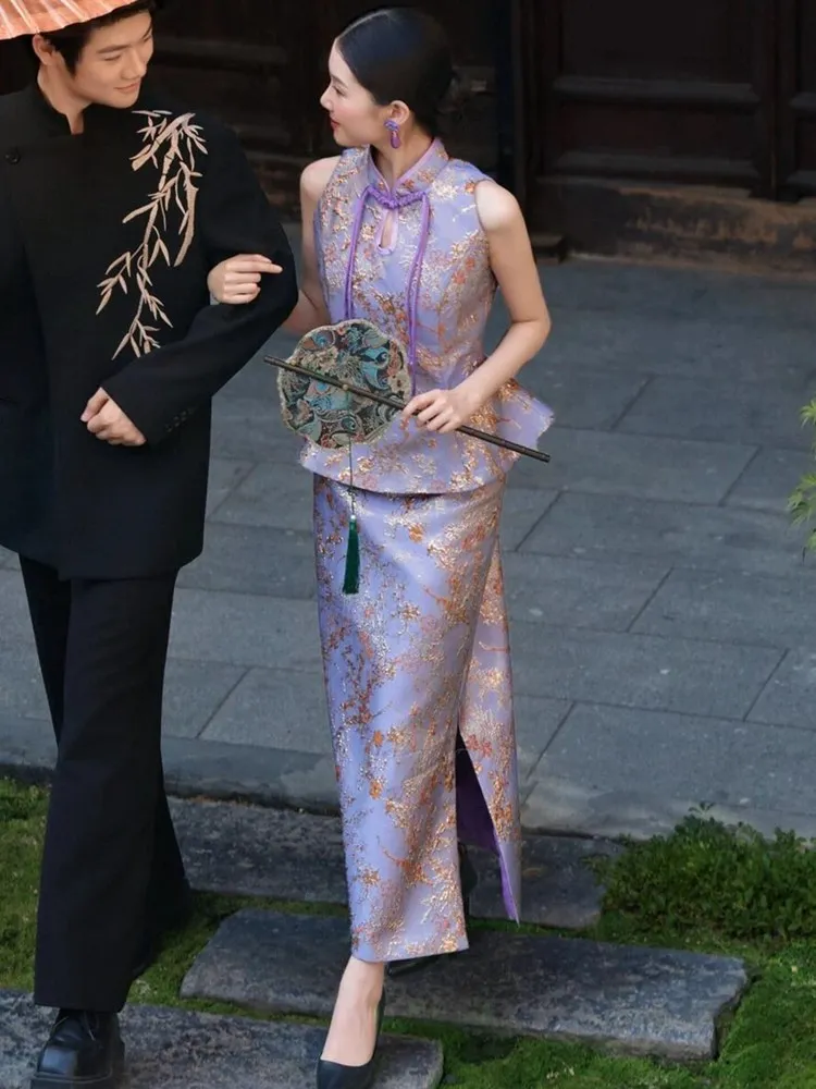 

Новинка 2025, китайский комплект Sle, женский элитный элегантный женский жилет с высокой моей, полуюбка, модный комплект для поездок на работу