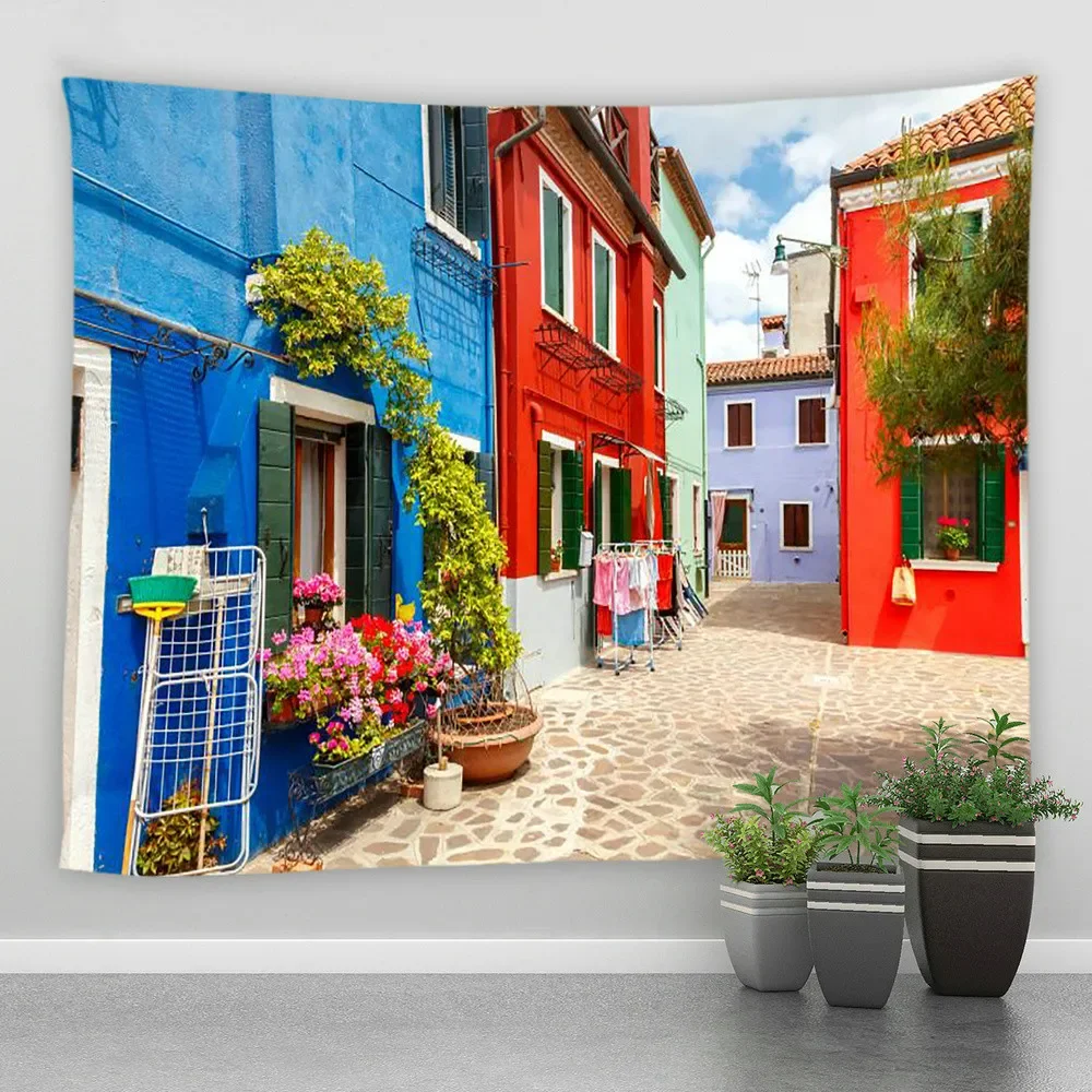 Landscape Wall Hanging Tapestry Italy Rural Small Town Street Architecture Retro Style Background Decor Hippie Bedroom Blanket