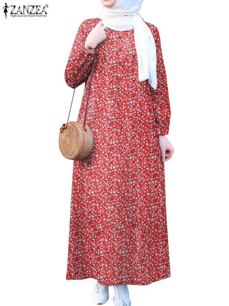 ZANZEA فستان عباية إسلامي بأكمام طويلة مطبوع عليه زهور فساتين ماكسي لرمضان قفطان تركي رداء فيستدوس فضفاض غير رسمي #5