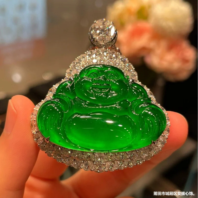 -like Inlaid Jadeite Jade Female Glass Type Smiling Buddha GreenTransparent Pendant Feitsui B