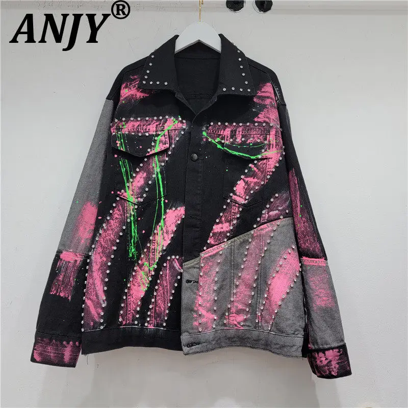 

ANJY 2026 Spring Autumn New Women European High-End Heavy Craft Diamonds Denim Jacket Hip-Hop Chic Layered Versatile Coat A19564