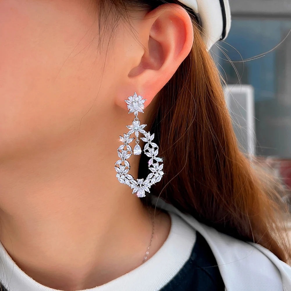 CWWZircons Fancy Sparkling Cubic Zirconia Setting Long Flower Drop Big Size Earring for Women Vintage Design Party Jewelry E0030