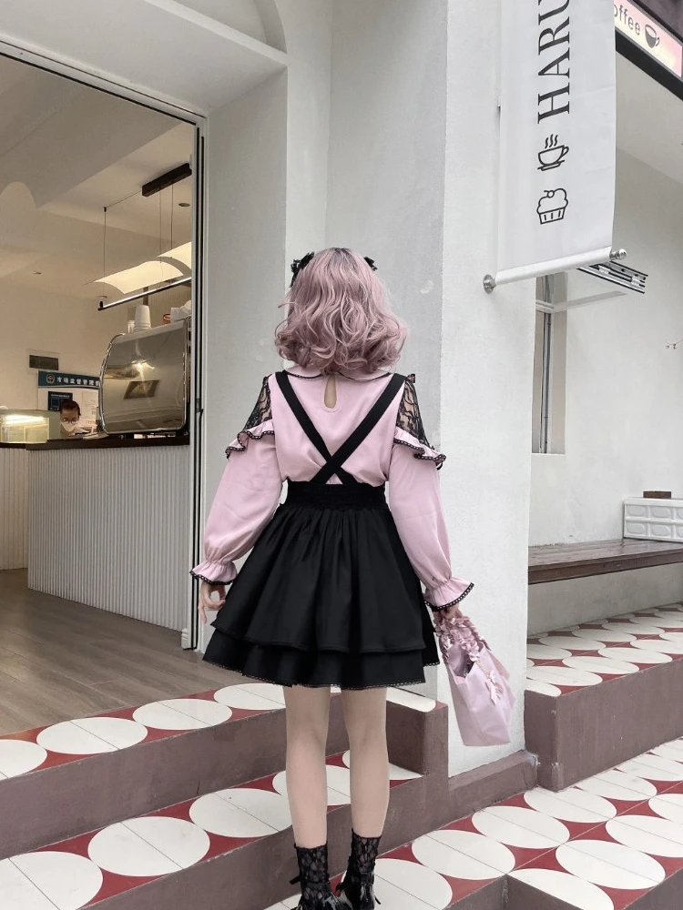 Harajuku Lolita Black Strap Skirt for Women Y2k E-Girl High Waist A-line Skirts 2024 Spring New Ruched Bow Faldas Mujer