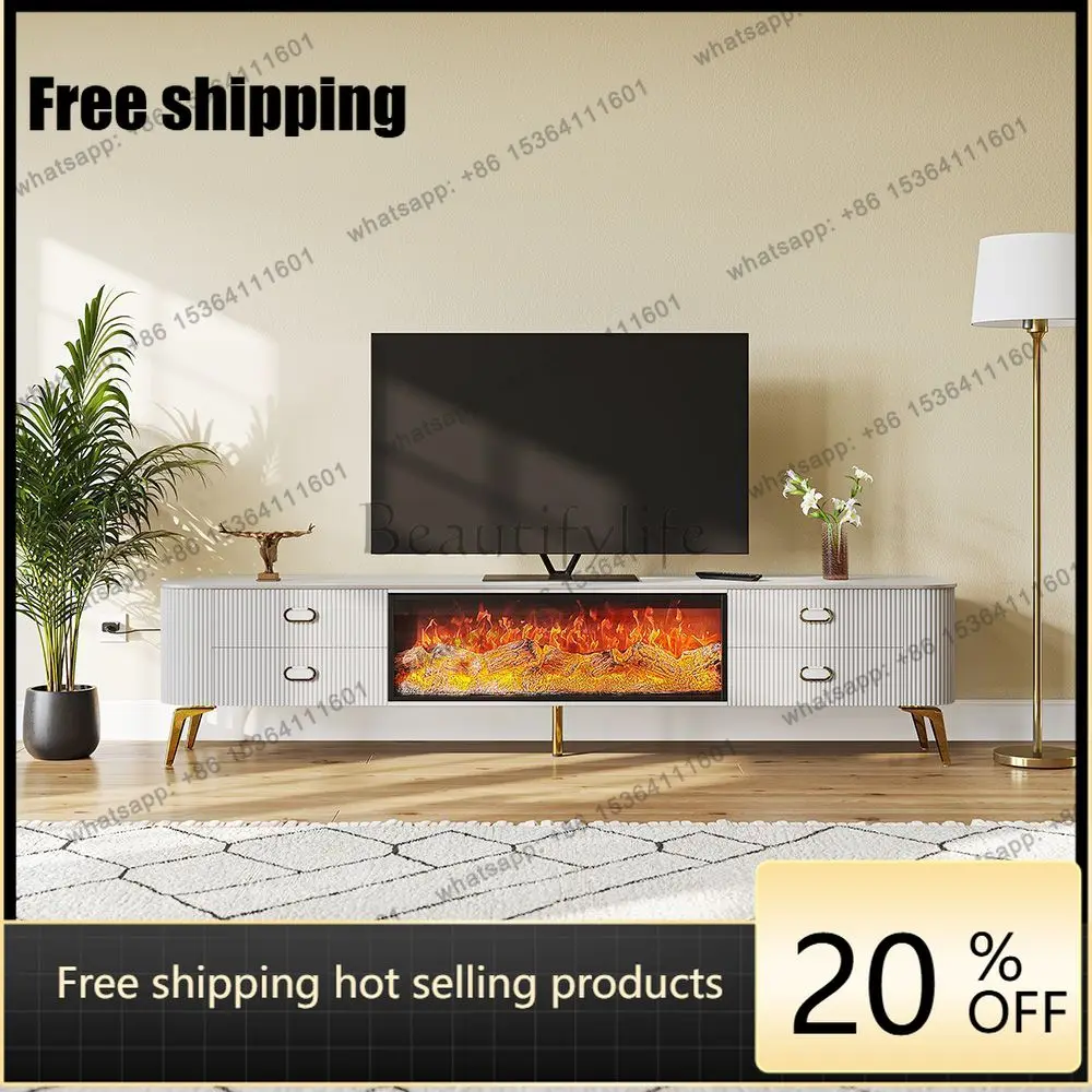 Light luxury white fireplace TV cabinet simulated flame decorative display cabinet