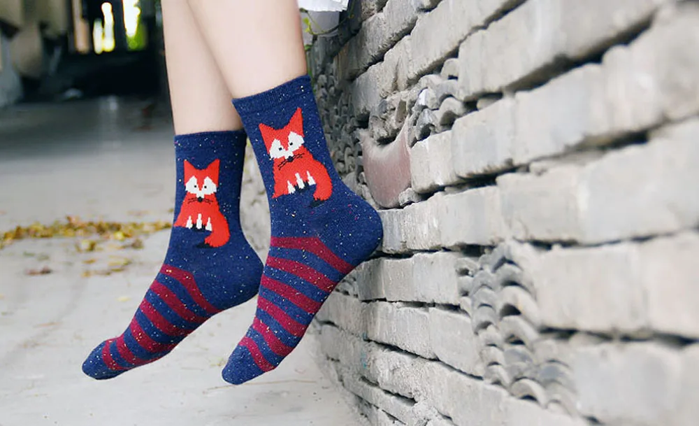 3 Paar/Set Vintage Dicke Kaninchenwollsocken für Damen Retro Winter Harajuku Tiermotive Eule Hirsch Katze Elefant Niedlich Süß – Detail 10