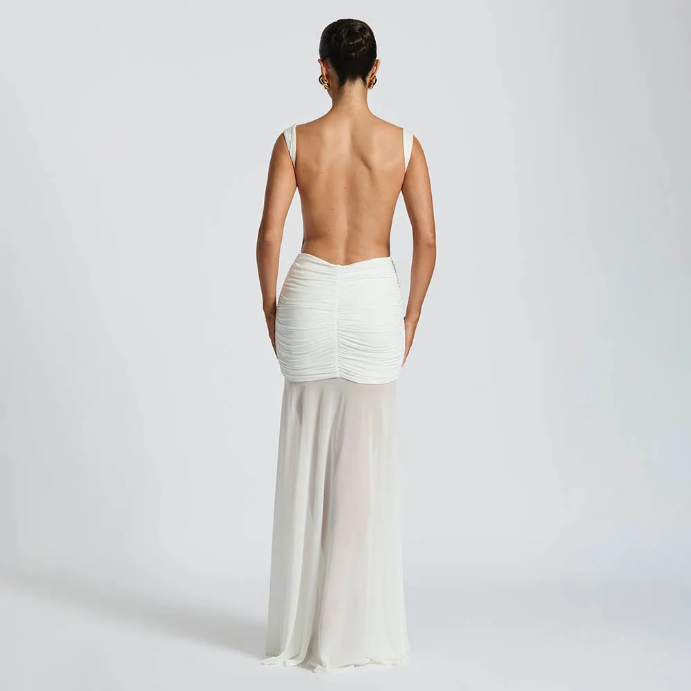 Slim Elegant Dresses Solid Color Fashionable Temperament See-through Evening Clothes Backless High Waist Long Dress With Ribbons