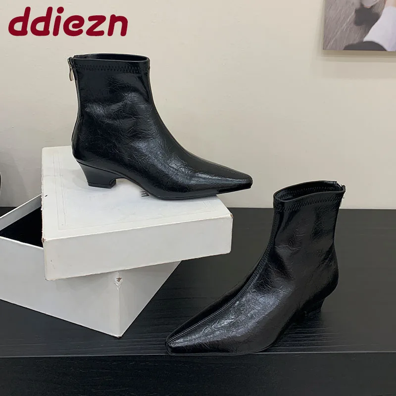 

Женские модные женские современные короткие сапоги с острым носком на молнии, женские эластичные ботильоны на низком каблуке, туфли-лодочки