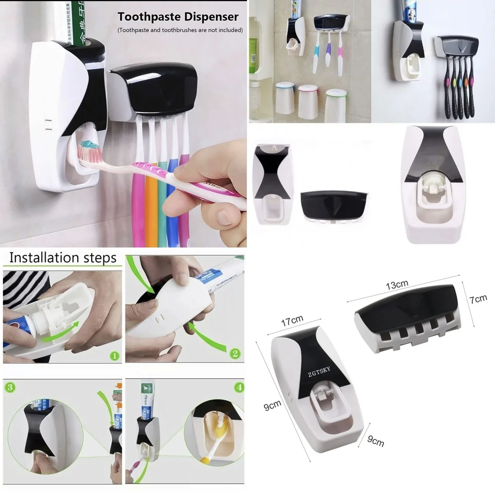 

5 Piece Bathroom Wall Mount Toothbrush Holder Set with Automatic Toothpaste Dispenser Organizer for Countertop Storage Rack