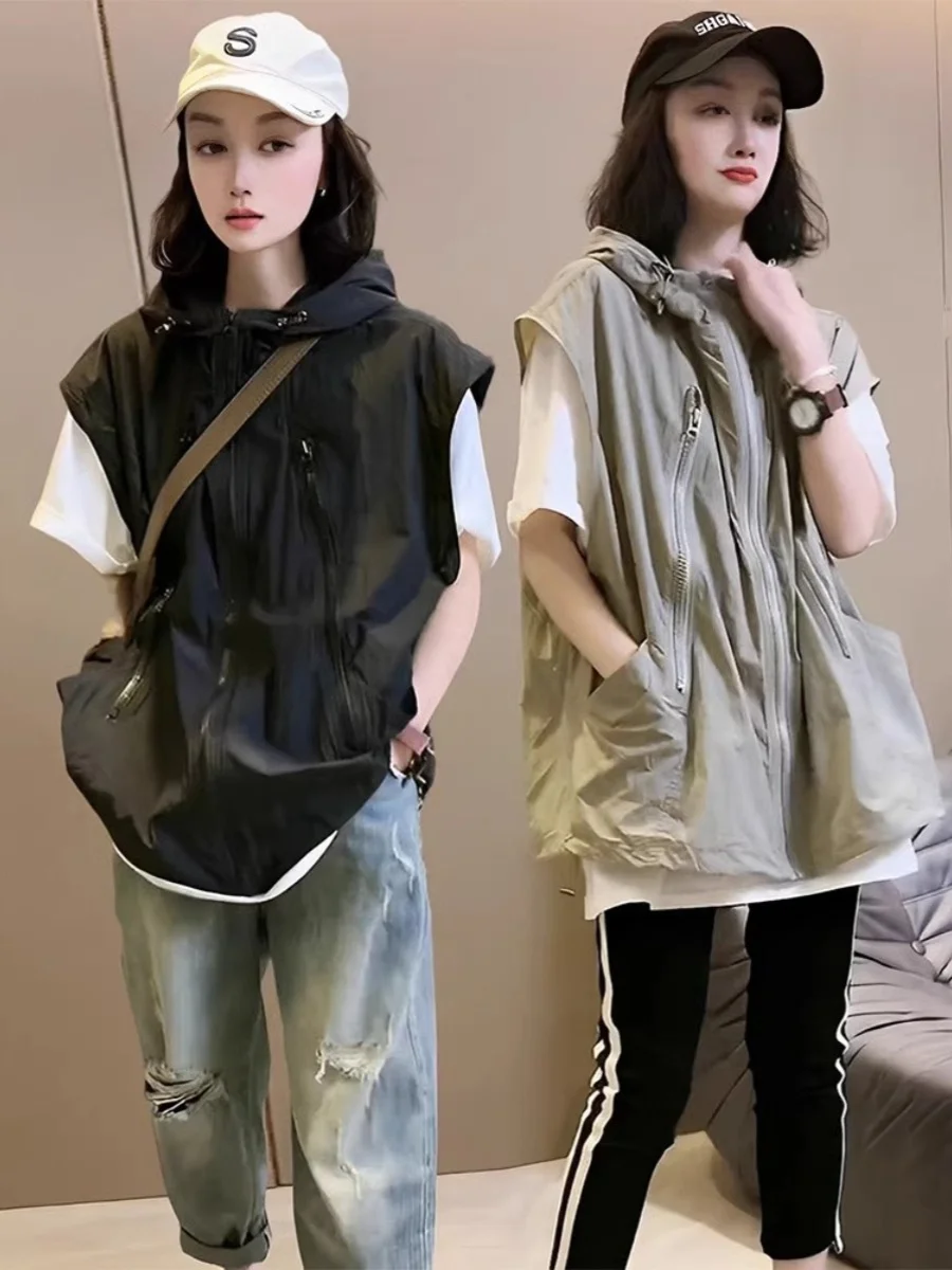 

Early Autumn Zipper Hooded Thin Vest Women's Casual Loose Style Sleeveless Fashionable Top European Style 2026 New Arrival