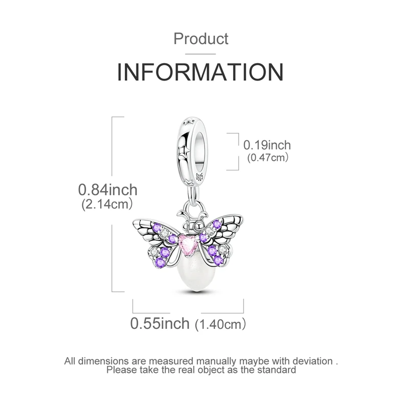S925 Silver Luminous Firefly Dangle Charms, Crystal Enamel Glow In Dark Insect Pendant Beads Bracelet Romantic DIY Jewelry Gift