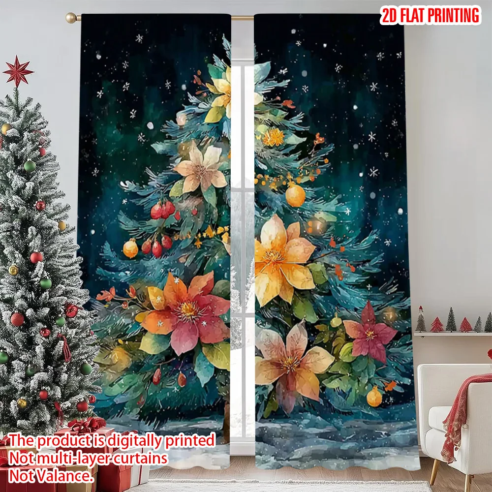 

2pcs 2D flat printing Merry Christmas Scene Curtains Tree Christmas Versatile 100% Polyester Without Electricity Spring Perfect