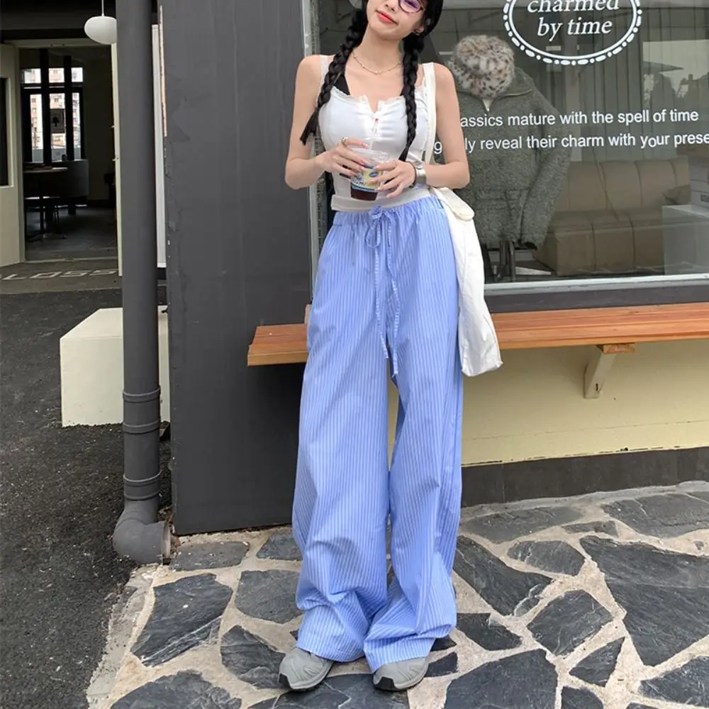 

Elegant Summer Striped Pants High Waist Loose Wide Leg Breathable Quick Drying Summer Pants Women Girl