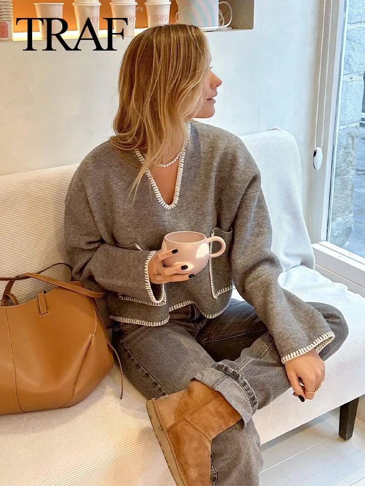 TRAF 2024 Spring Woman Loose Casual Pocket Solid Grey Pullovers Women Elegant Chic V-Neck Long Sleeve Warm Sweater Pullovers