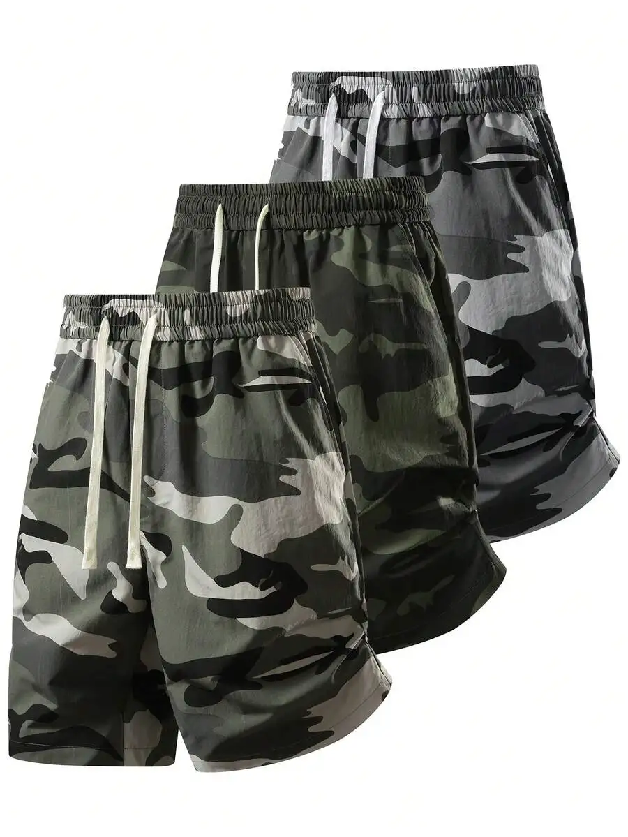Mens Camo Cargo Shorts With Elastic Waist And Drawstring, Loose Straight Fit, Multi Pocket For Casual Outdoor Use