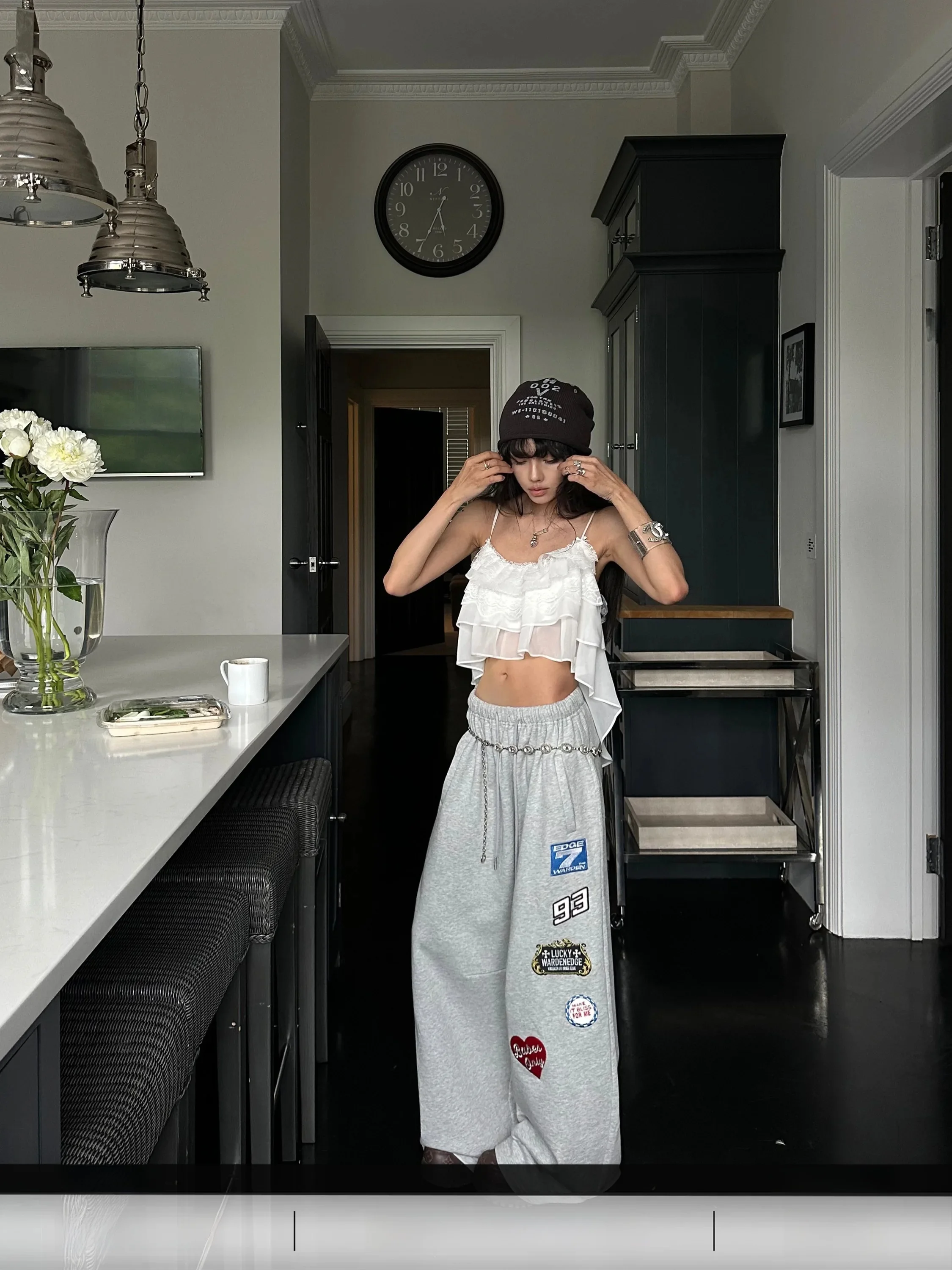 Casual Gray Embroidered Drawstring Wide Leg Pants Women Summer Loose Fit Straight Cut Trousers Comfortable Breathable Cotton