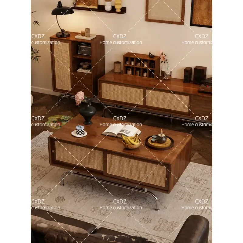 Nordic Solid Wood Coffee Table with Rattan Design Simple Modern Center Table for Small Apartment Living Room Light Luxury