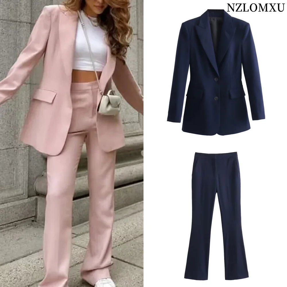 

2024 Autumn Women 2 Pieces Set Office Lady Lapel Long Sleeve Blazers+High Waist Hidden Buckle Zipper Trousers Femininos