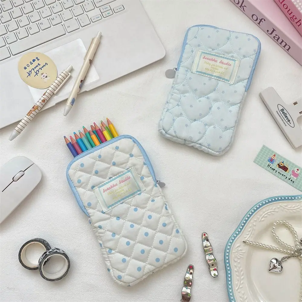 Cute Heart Polka Dot Quilted Zipper Pouch Small Portable Earphone Carrying Case Soft Coin Purse Small Accessories Organizer