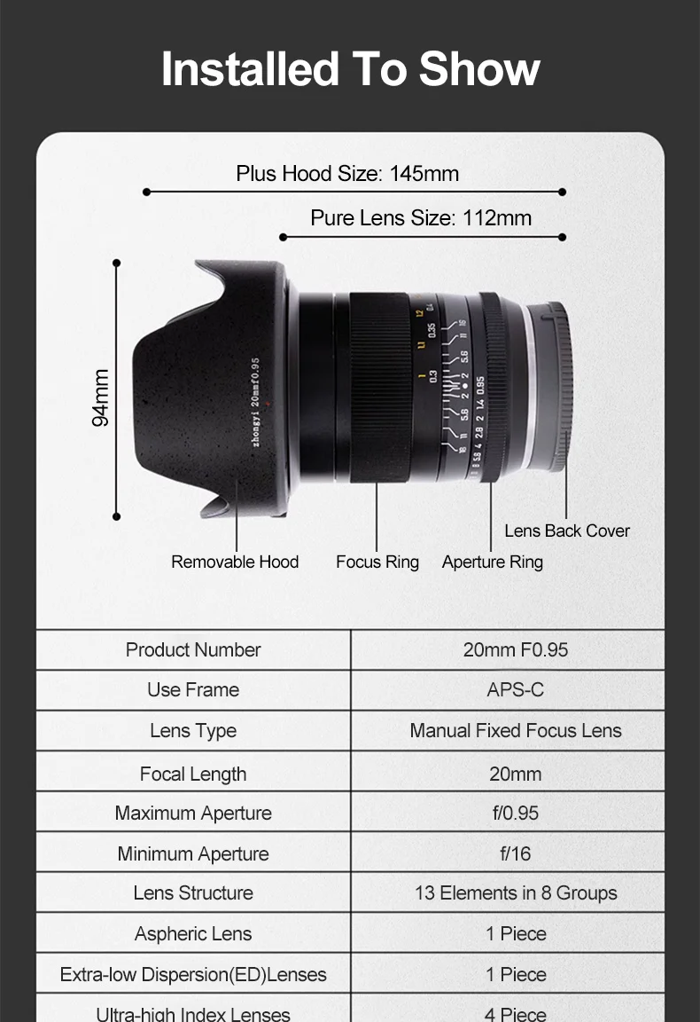 Zhongyi Mitakon 20mm F0.95 APSC Super Large Viewing Angle Lens Wide Angle Large Aperture Lens for Fuji X XF Sony E Nikon Z EOSR