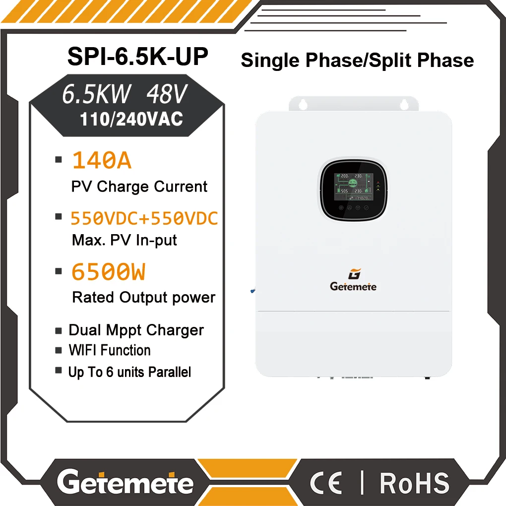 

GTMT 6.5KW 48Vdc To 110/220VAC Split-Phase Solar Inverters Built 140A MPPT Solar Charge Controller Fit for LifePo4 Batteries