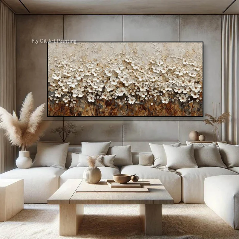البني والأبيض الزهور الصغيرة جدار الفن سكين سميكة النفط Pianting اليدوية تصميم عصري بسيط أصفر بيج الأزهار ديكور فني