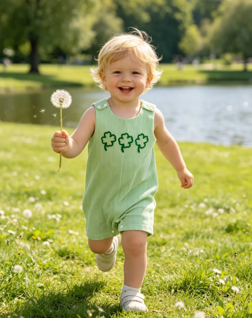 Green Striped Clover Embroidery Baby Sleeveless Romper St Patrick's Day Infant Jumpsuit Crotch Snap Overalls For 0-24 Months