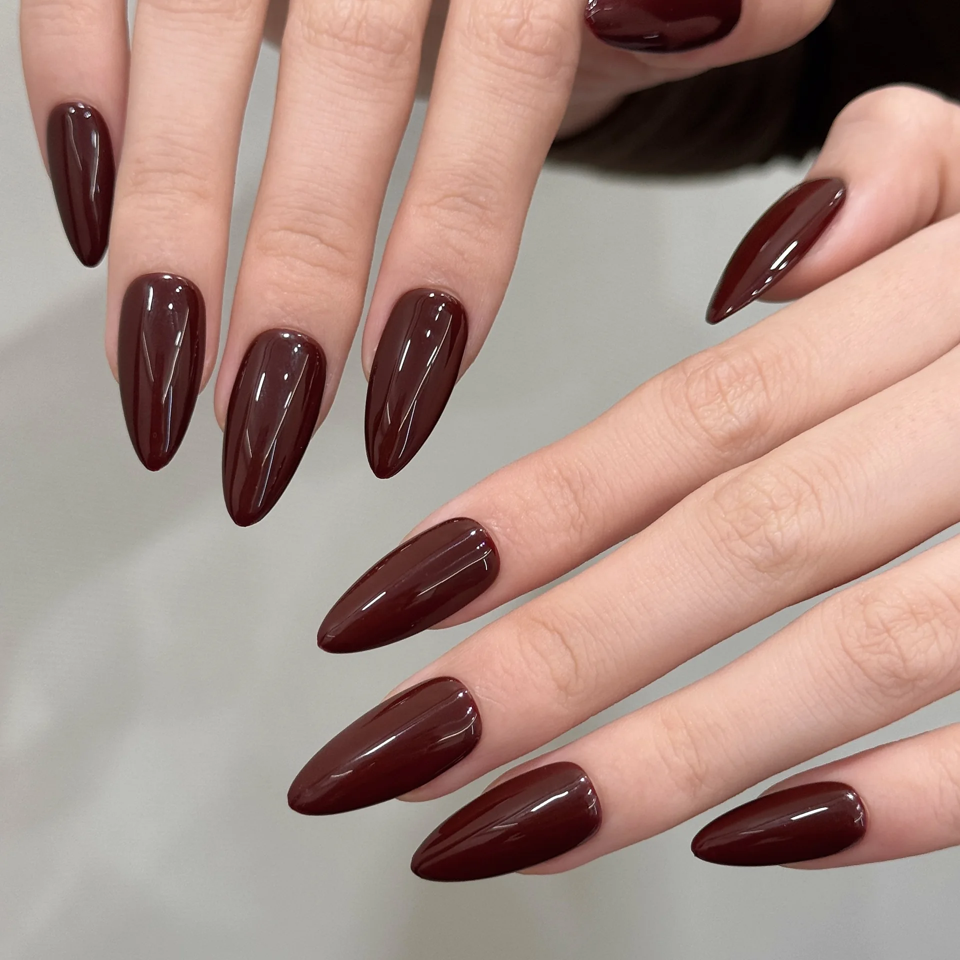 10pcs Handmade Press on Nails Simple Solid Color Almond Fake Nails Full Cover Wearable Lady Summer Brown False Toenails Set