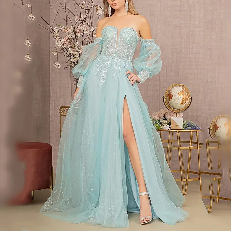 

Sparkly Long Prom Dresses for Women Sweetheart Floor-Length A-Line Side Slit Evening Party Special Events Wedding Guest Dress