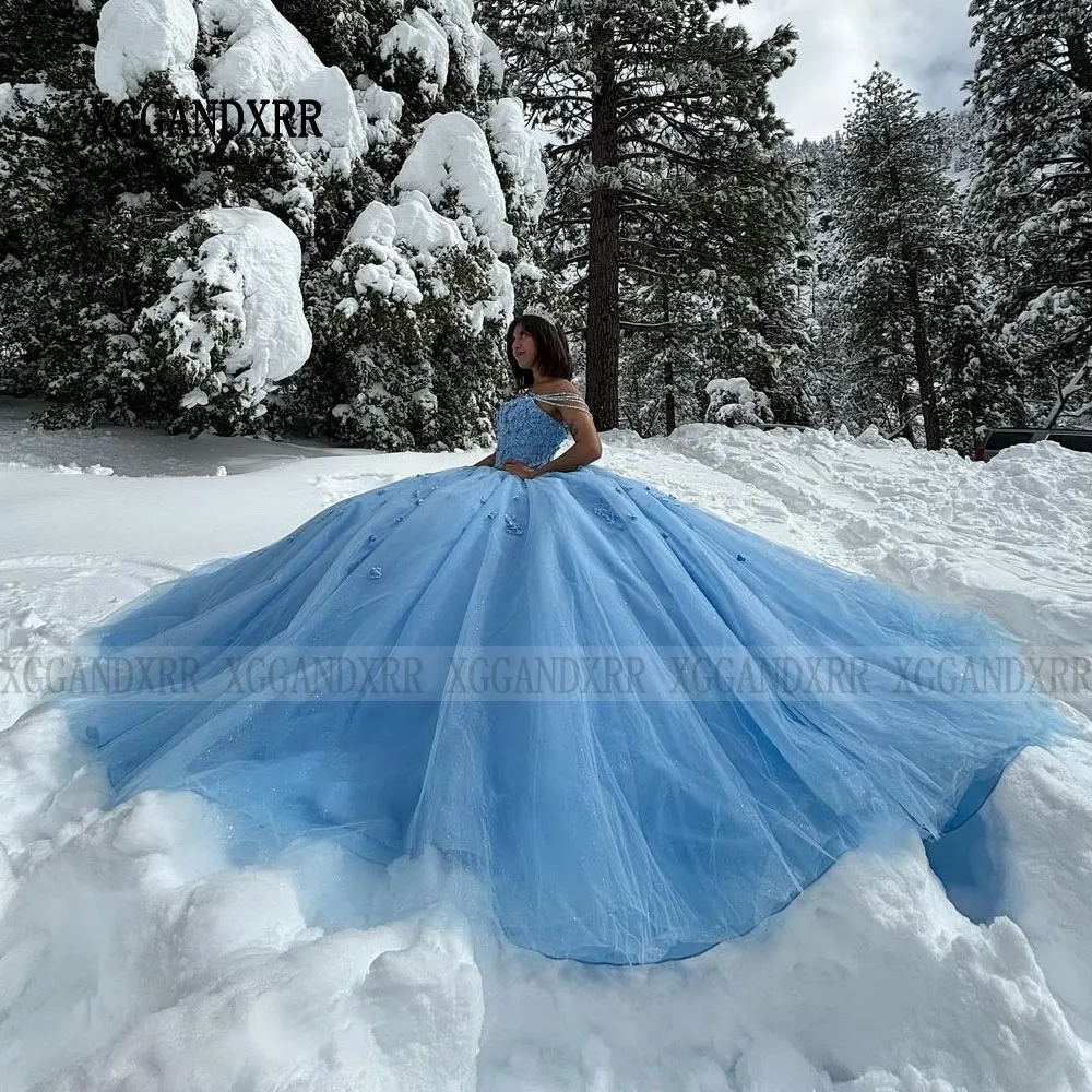 New Flower Blue Quinceanera Dresses 2024 Vestido De 15 Años Sweet 15 16 Off Shoulder Backless Sweet 15 16 XV Birthday Prom Party