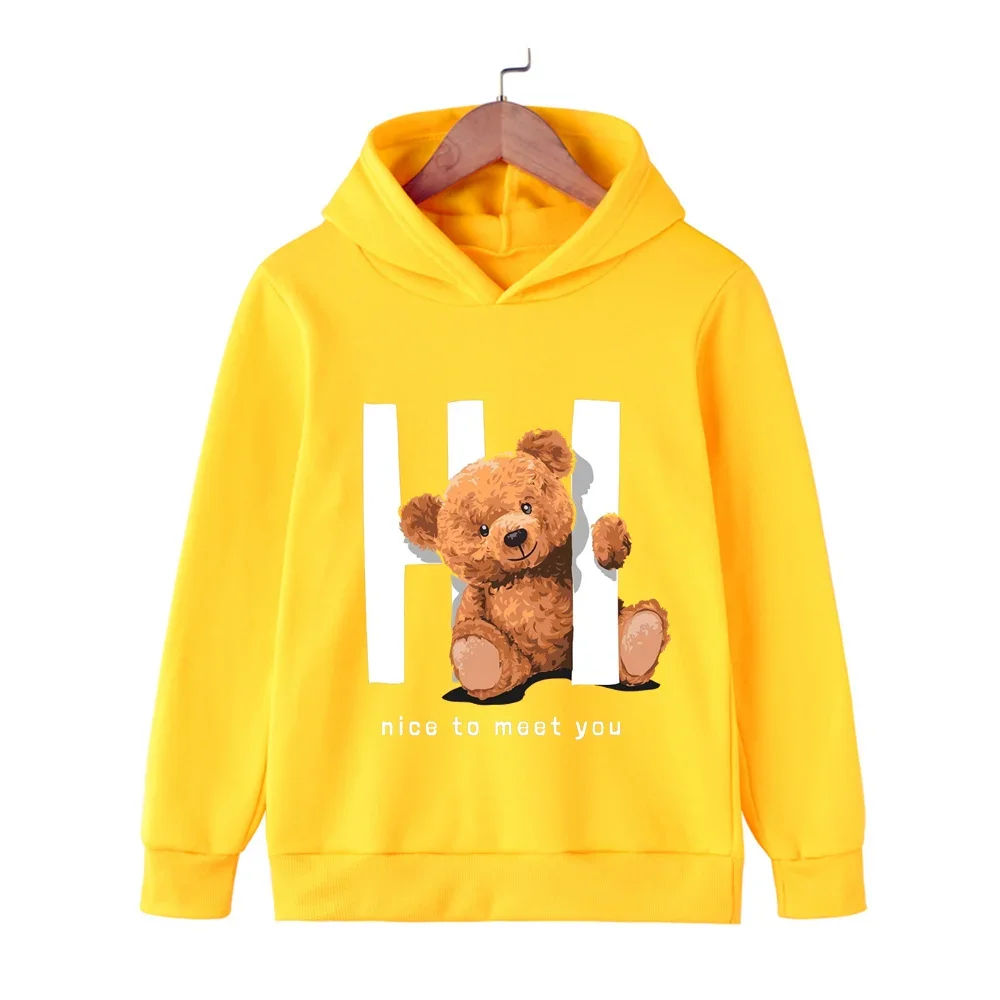 Hi Teddy Bear  Kawaii Girls Boys Print Hoodie Black Girls Baby Hoodie Fashion Harajuku Kids Sweatshirt Jacket Spring Tops