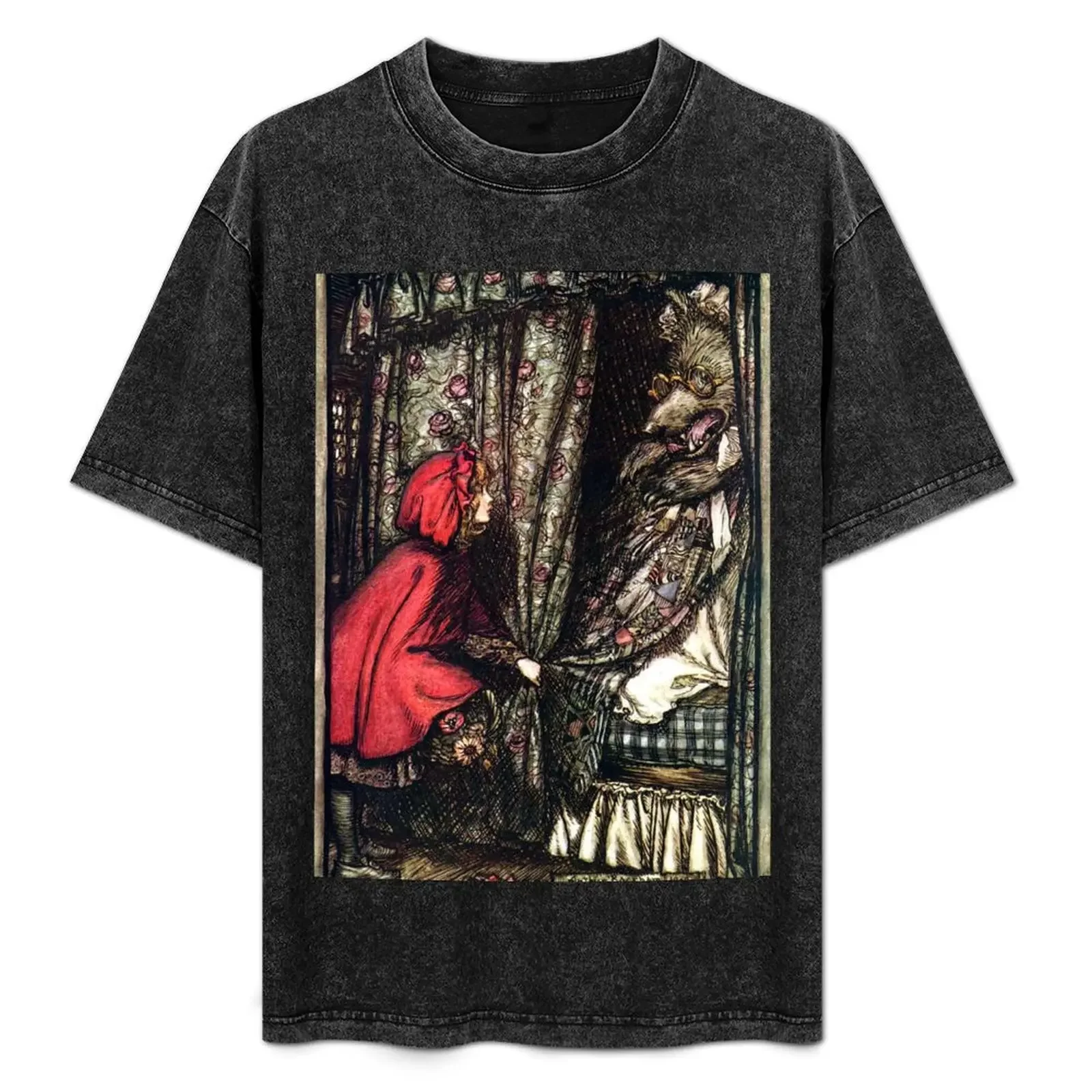 

Red Riding Hood and the Wolf - Brothers Grimm - Arthur Rackham T-Shirt black cotton t-shirt plain for man package T-Shirt