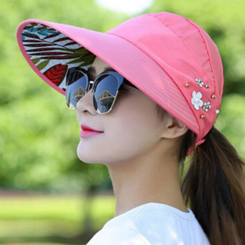 2023 Summer Hats For Women Foldable Long Brim Sun Hat Pearl Flower Visor Suncreen Floppy Cap Female Outdoor Casual Baseball Cap