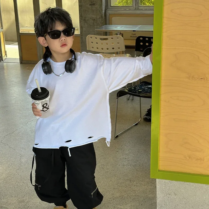 

Boys' Pure White Bottoming Shirt Children's 2024 Autumn and Winter New Cut Cool Top