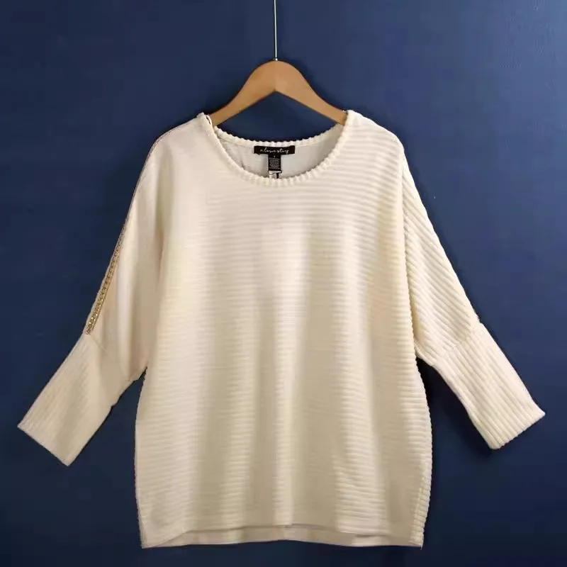 

Winter New round Ne Batwing Sve Sweater Women's Knitted Pure Color Splicing Chain Casual Loose Fit Regular Thin
