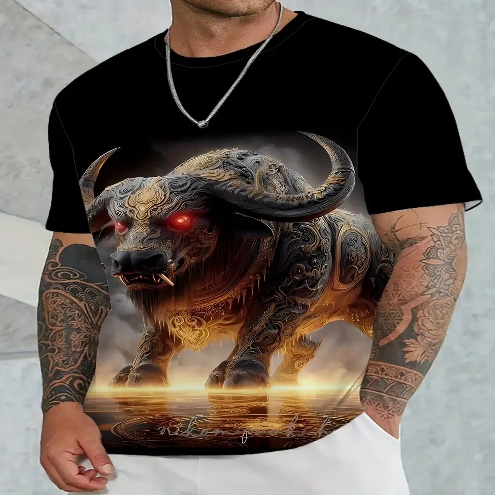 2024 Novel and Fashionable Men\'s New 3D Bull Demon Pattern Printed T-shirt Round Neck Short Sleeve Tops Outdoor Casual Pullover