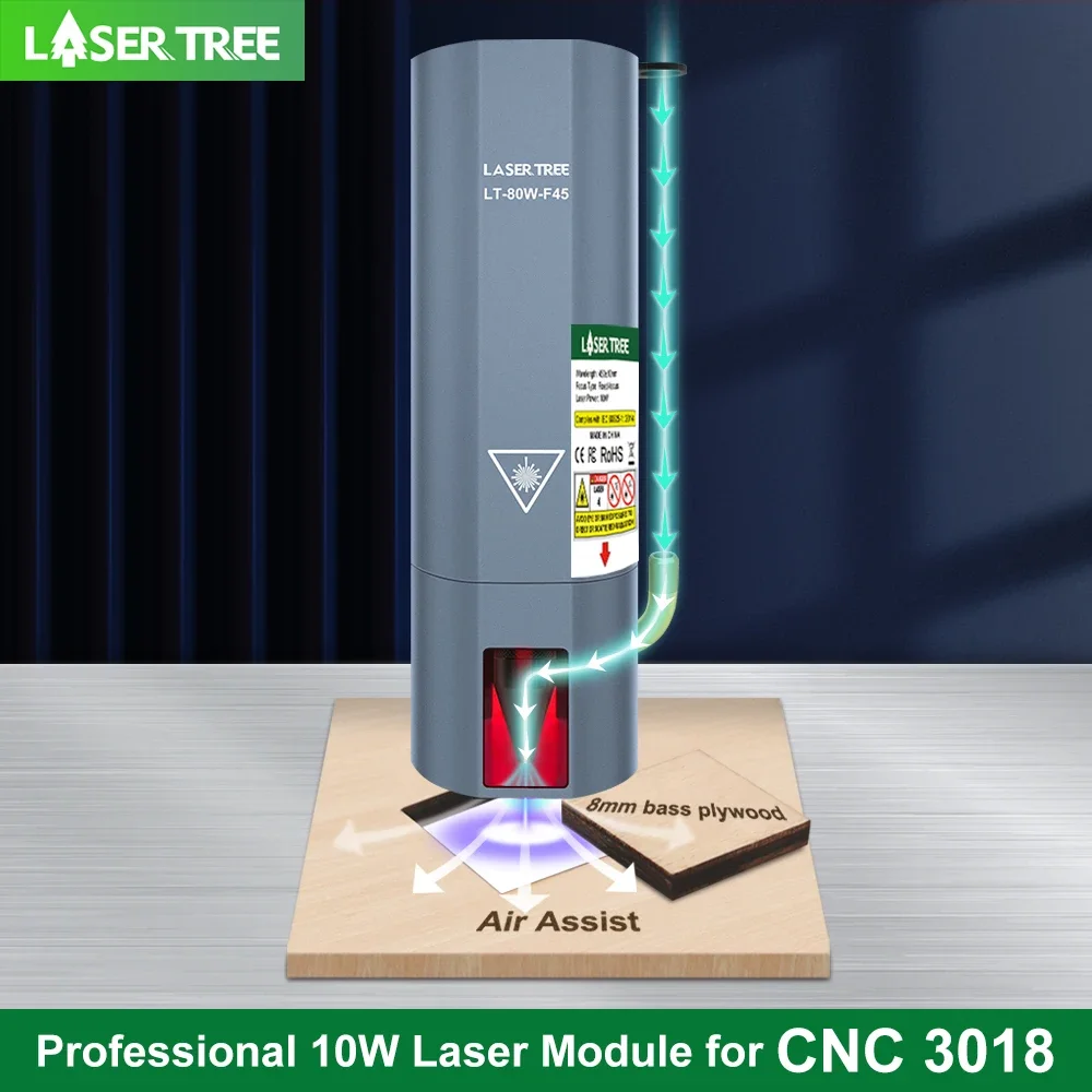 LASER TREE-cabezal láser de potencia óptica de 10W con asistencia de aire, módulo TTL de luz azul de 450nm para máquina cortadora de grabado CNC 3018