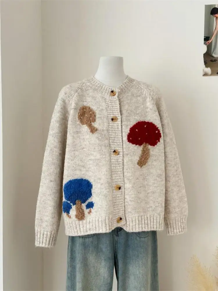 

Autumn Winter Beige Grey Patchwork Round Neck Elegant Long Sleeved Knitted Tops Korean Women Versatile Loose Cardigan Sweater