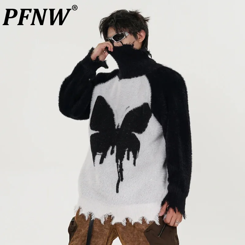 

PFNW American Style Men's Sweaters Butterfly Printing Jacquard Loose Turtleneck Pullover Male Tops Contrast Color Niche 12C573