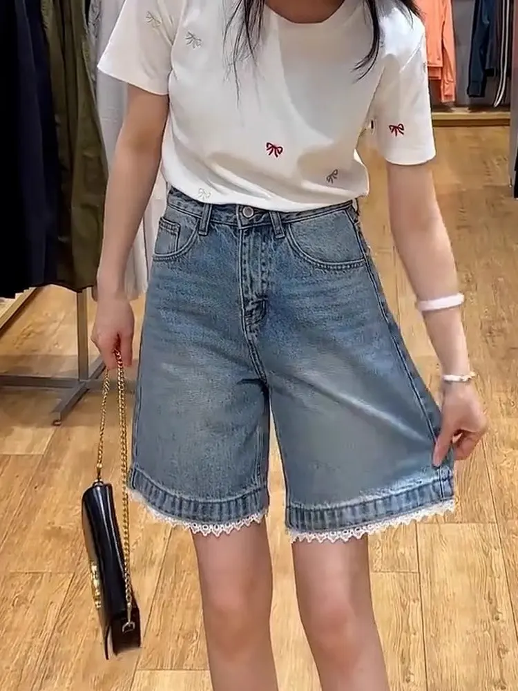 long shorts Lace Trim Patchwork Wide-Leg Jeans for Women Summer Plus Size High-Waist Loose Fit Slim Straight Knee-Length Shorts