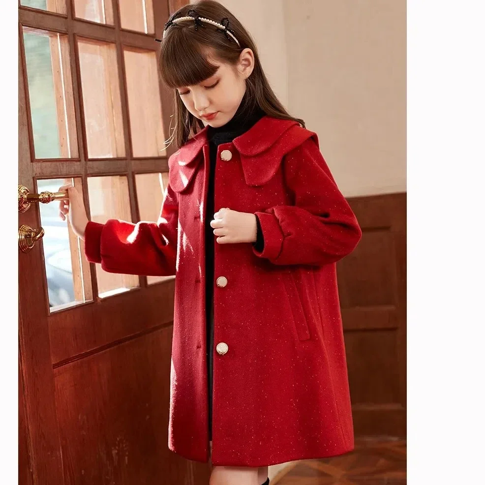 8-15 Kids Cotton Padded Thick Woolen Dress Jacket Girls Winter Cute Red Long Coat Teenager Girls Fashion Outerwear 14 clothes