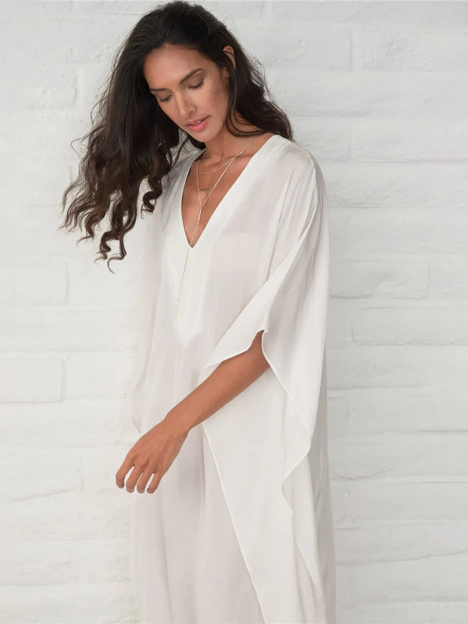 2023 Bikini Cover-ups White Sexy V-neck Kaftan Loose Dress Bohemian Maxi Dresses Women Swimsuit Cover Up Beachwear Sarong Pareo