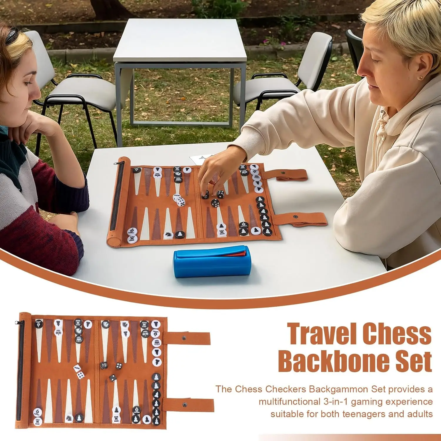 Set da backgammon arrotolabile 3 in 1 con 32 pezzi di legno, 5 dadi, tavolo da gioco portatile in pelle per adulti – 13,8x10 pollici
