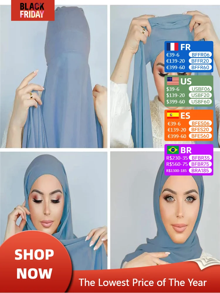 Women Muslim Chiffon Hijab With Cap Bonnet Instant Chiffon Hijabs Shawl Head Scarf Underscarf Caps Cover Headwrap