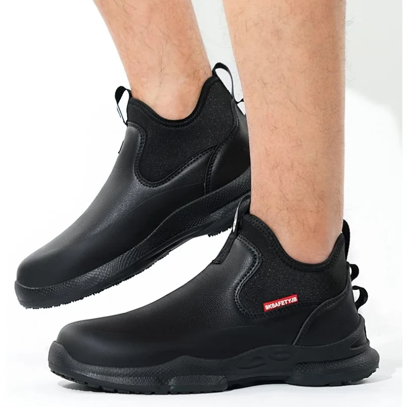 Zapatos de seguridad de cocina negros para chef, botas de cocina impermeables antideslizantes, zapatos de trabajo de cuero, zapatillas de seguridad ligeras para hombres