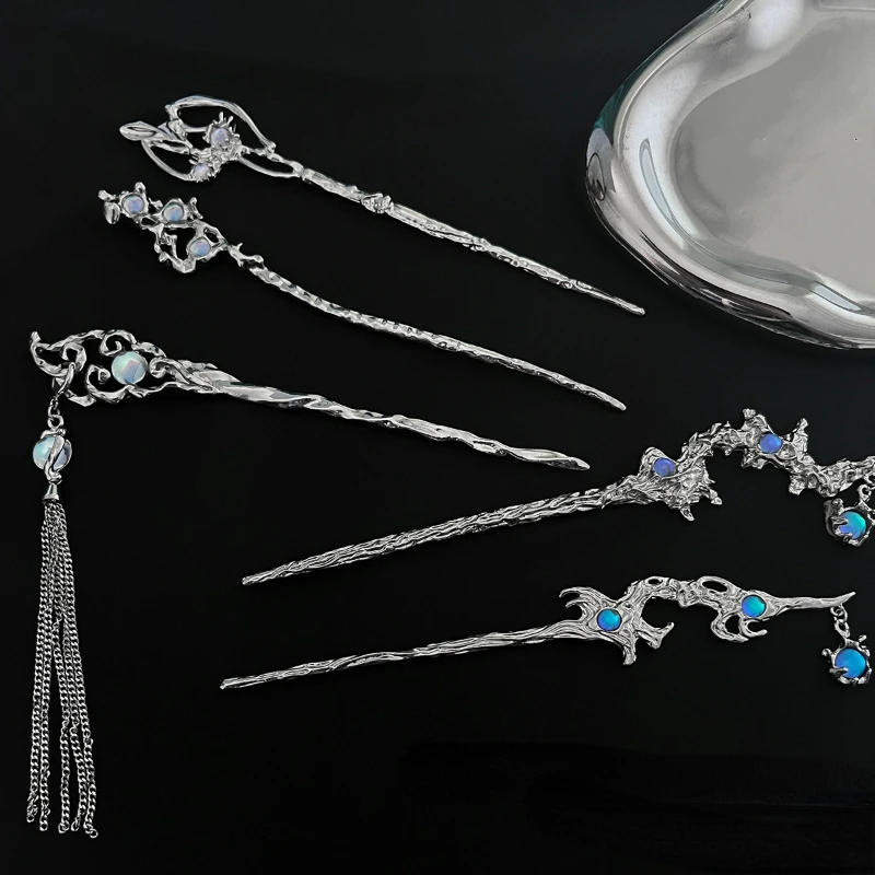 Vintage Moonstone Hair Sticks for Women Retro Chinese Tasssel Butterfly Hairpin Disk Hairsticks Hair Chopsticks Hair Accessories