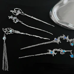 Vintage Moonstone Hair Sticks for Women Retro Chinese Tasssel Butterfly Hairpin Disk Hairsticks Hair Chopsticks Hair Accessories