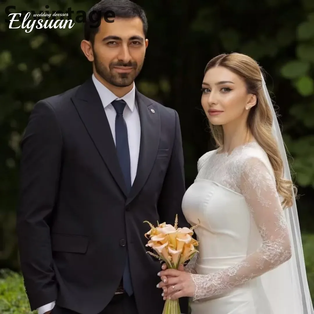 Aangepaste eenvoudige elegante zeemeermin satijnen kant lange mouw trouwjurk bruidsjurken