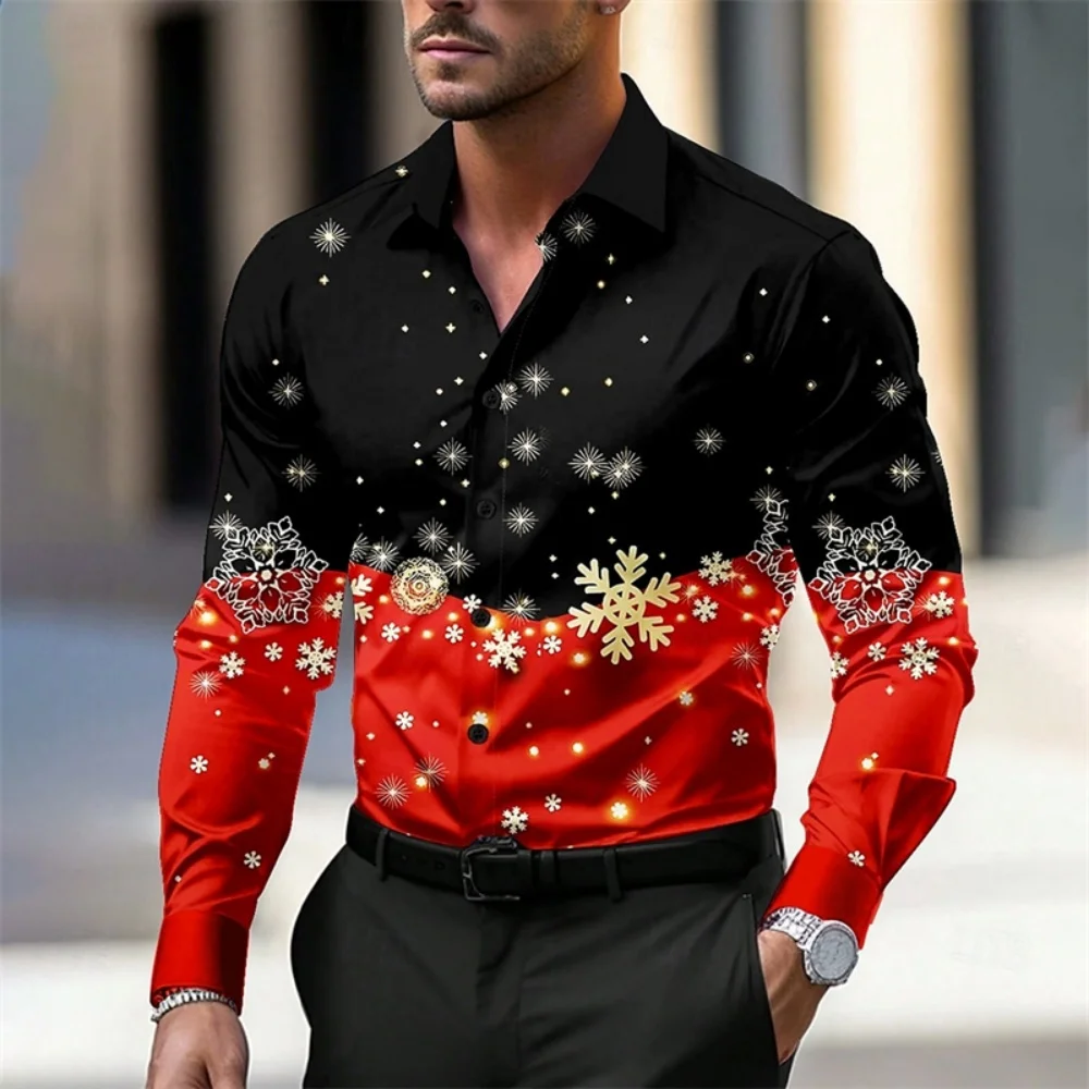 クリスマスシャツ男性用クリスマスツリースノーフレーク3Dプリントボタンラペル長袖パーティーカジュアルルーズ秋冬男性服