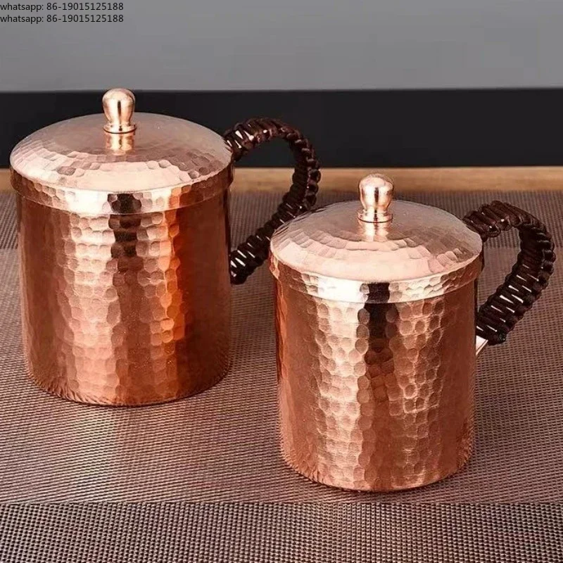 Handcrafted Vintage Pure Copper Coffee Cup,With lid Juice Breakfast Mug,Woven Handle Hammer Texture Home 550ml Tea Cup Tableware