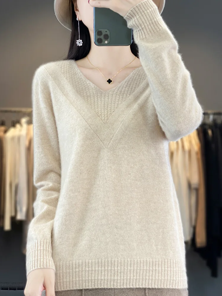 

New Women's V-neck Pullover Sweater Autumn Winter 100% Merino Wool Loose Cashmere Jumper Knitted Female Clothing Grace Tops